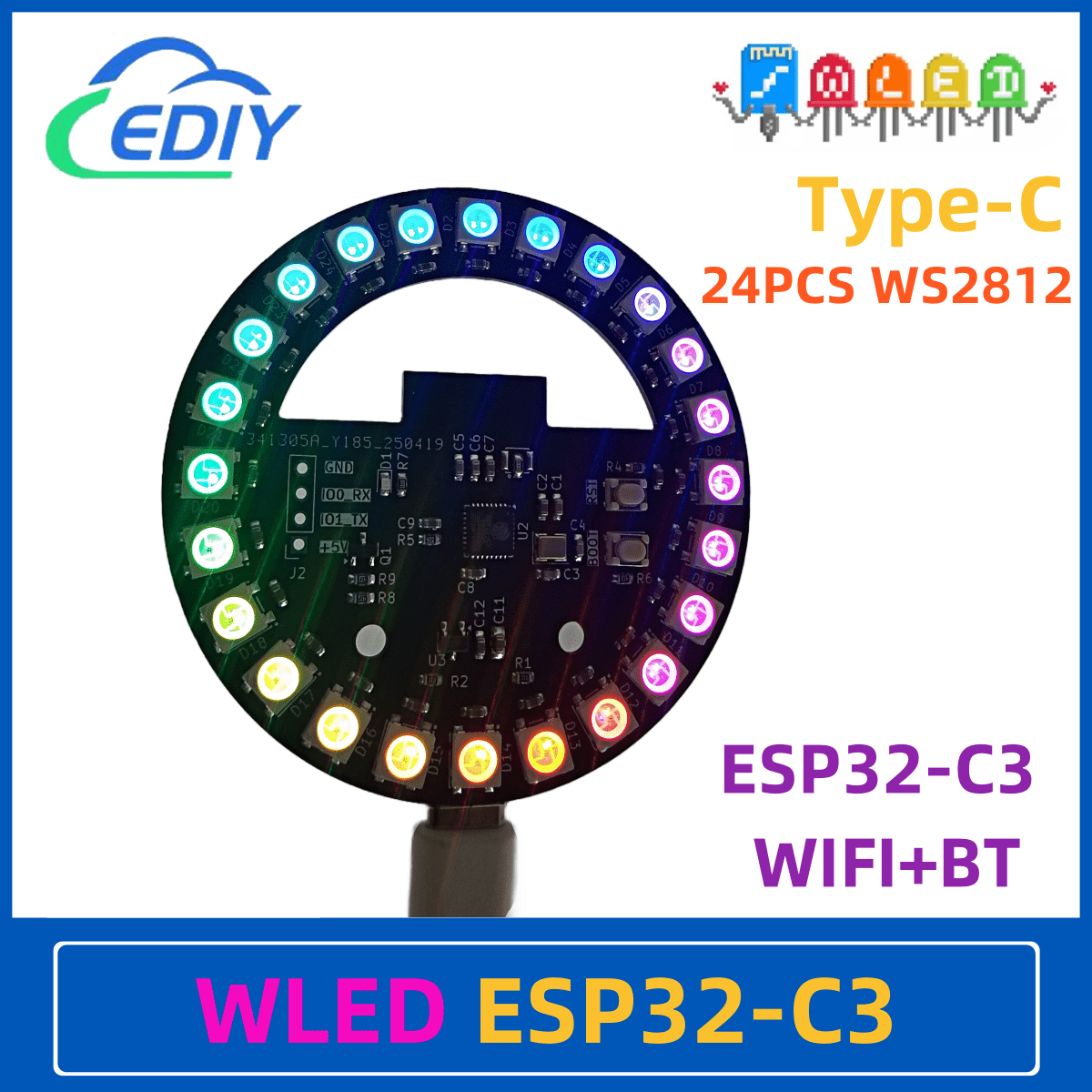 Esp32 C3 - WLED ESP32-C3 開発ボード円形カラフルなライト WS2812B 円形雰囲気ライトケース E